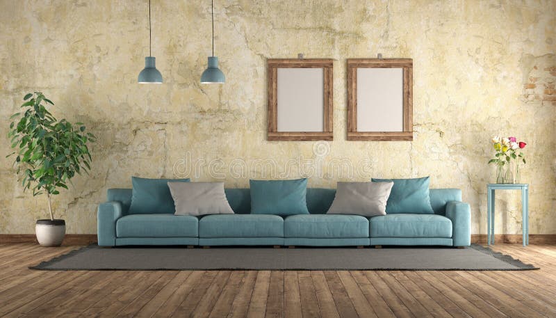 Modern blue sofa in a grunge room royalty free illustration