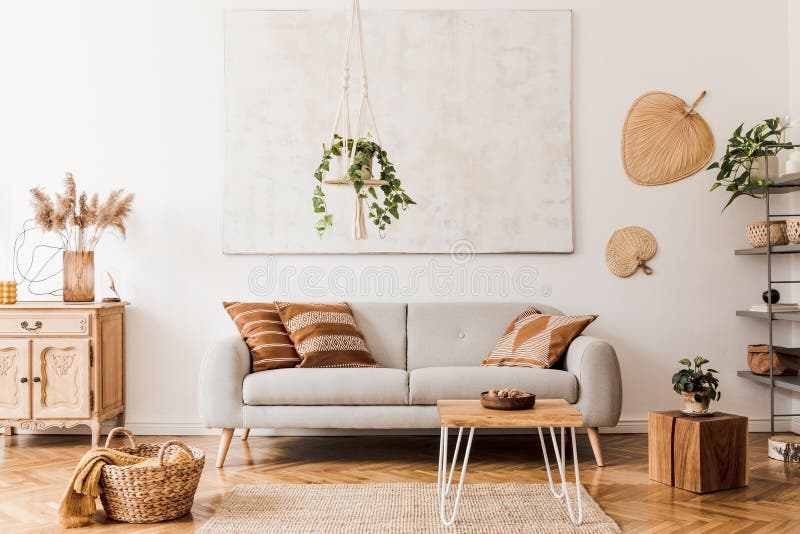 Modern Boho Interior of Living Room at Cozy Apartment with Gray Sofa ...