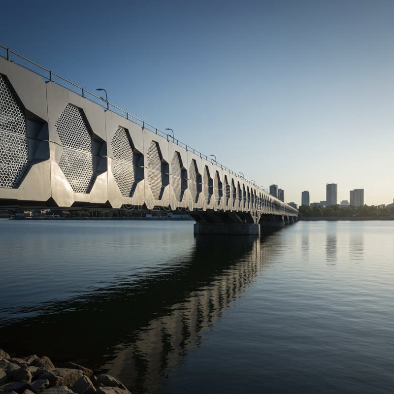 Modern bridge with a geometric design features large hexagonal panels with stock illustration