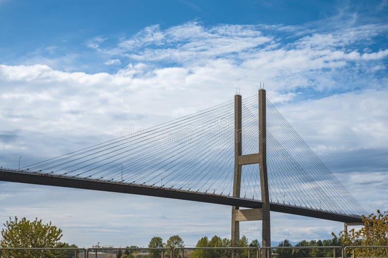 Modern Bridge Pylon Against Blue Sky. Multispan Cablestayed Bridge