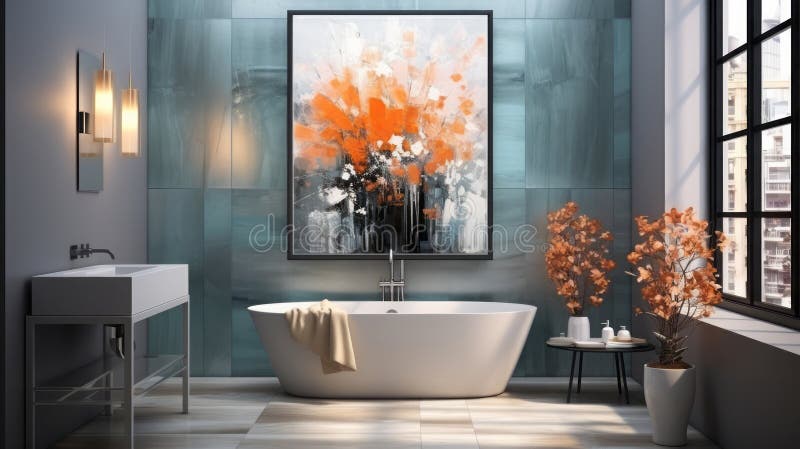 Modern Bright Bathroom Interiors with Art Wallpaper Stock Illustration - Illustration of ...