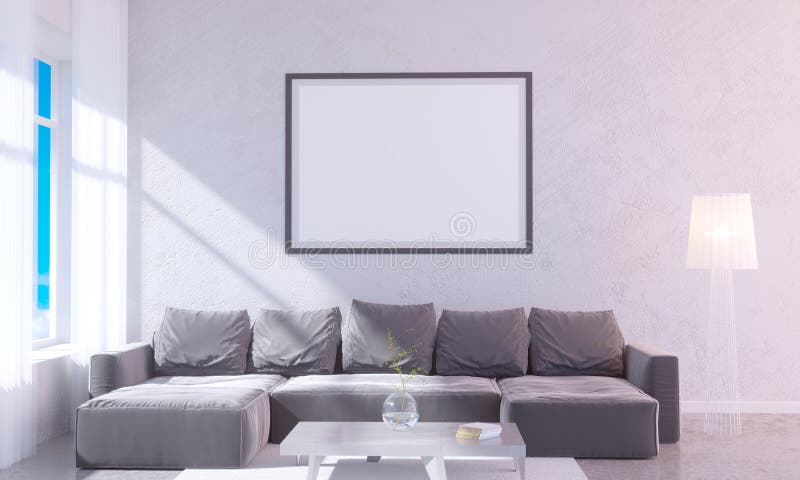 Modern bright interior with empty frame . 3D rendering 3D illustration room, scandinavian, sofa, space, up, wall, white vector illustration Modern bright interior with empty frame . 3D rendering 3D illustration room, scandinavian, sofa, space, up, wall, white vector illustration