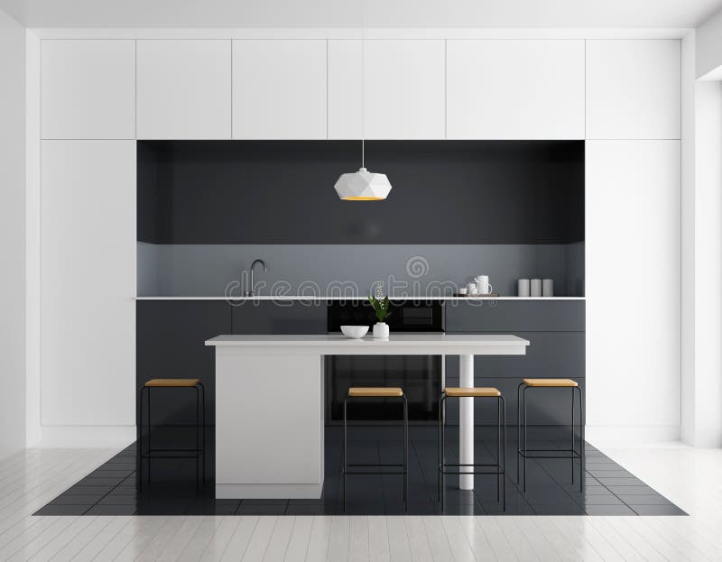 Modern bright kitchen interior. Minimalistic kitchen design with bar and stools. 3D illustration stock photography Modern bright kitchen interior. Minimalistic kitchen design with bar and stools. 3D illustration stock photography