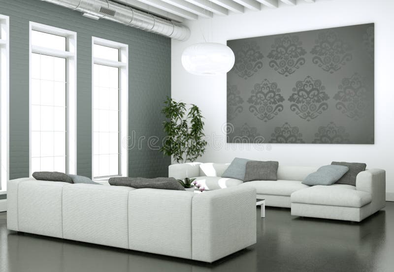 Modern Bright Living Room Interior Design with Sofas and Grey Wall