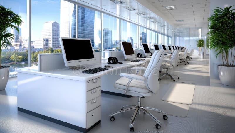 Офис с большими окнами и видом на город