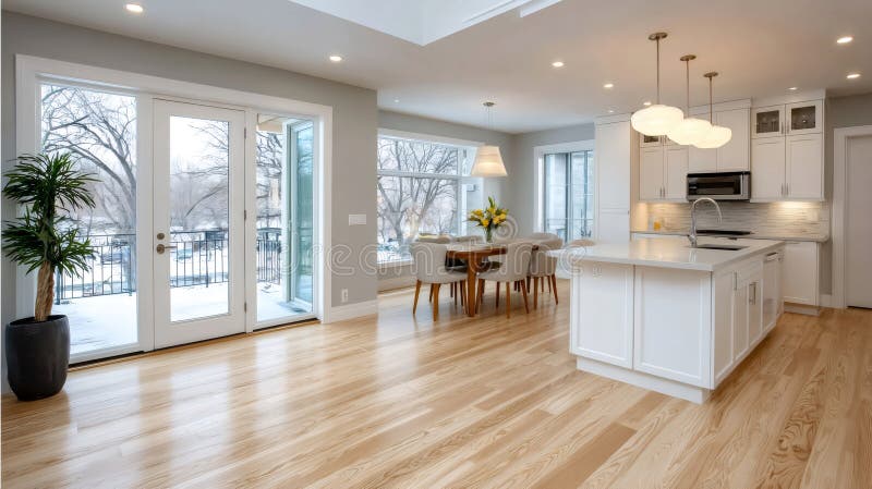 Modern bright open concept kitchen dining room interior stock illustration