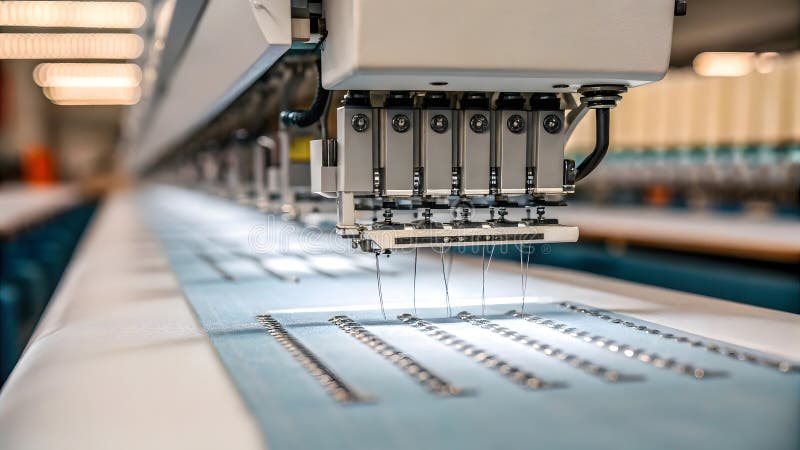 Modern broderimaskin som arbetar med tyg i en textilfabrik arkivfoton