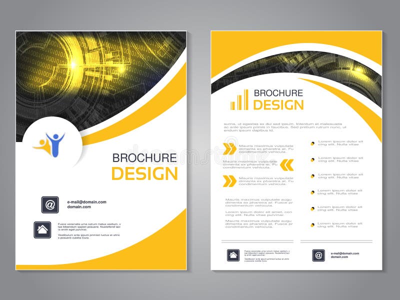 Modern broschyr för vektor med vågdesign, abstrakt reklamblad med teknologibakgrund Orienteringsmall Affisch av svart, guling och