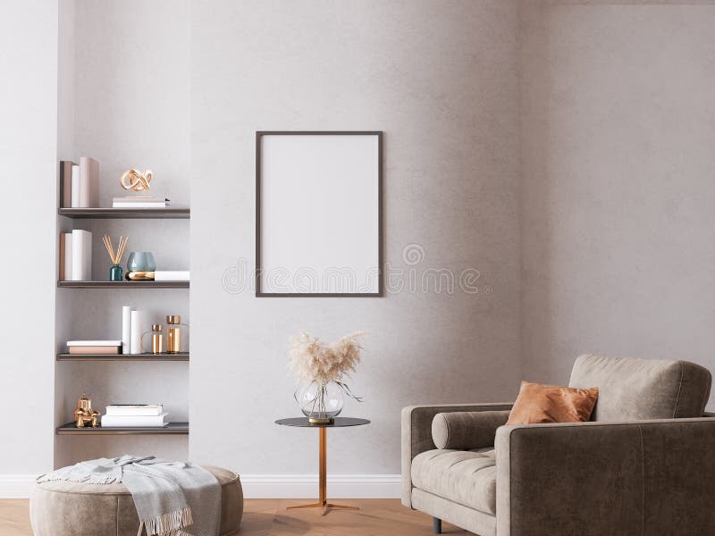 Modern brunsofa i vardagsrummet på böjd vägg royaltyfri illustrationer
