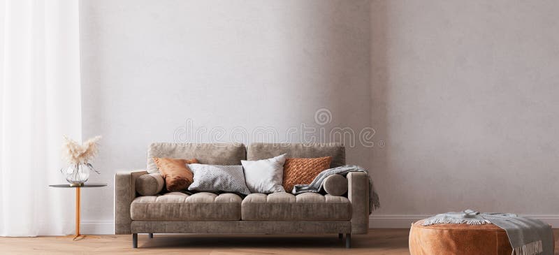 Modern brunsofa i vardagsrummet på böjd vägg vektor illustrationer