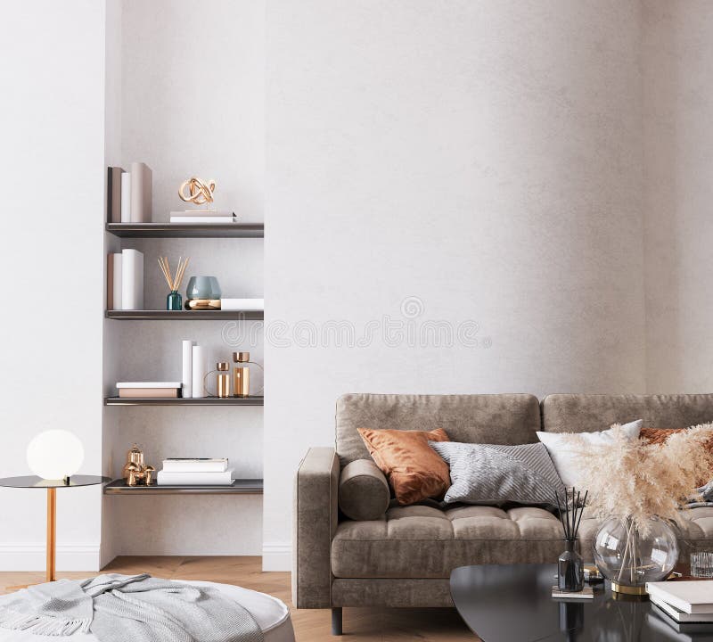 Modern brunsofa i vardagsrummet på böjd vägg stock illustrationer