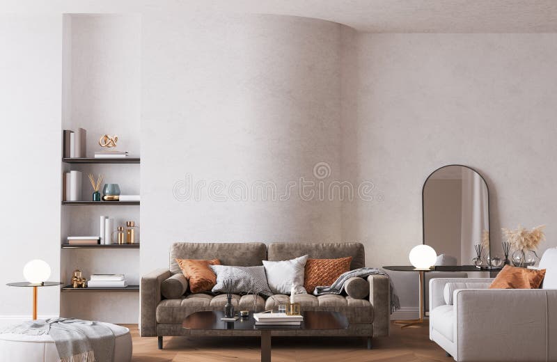 Modern brunsofa i vardagsrummet på böjd vägg stock illustrationer