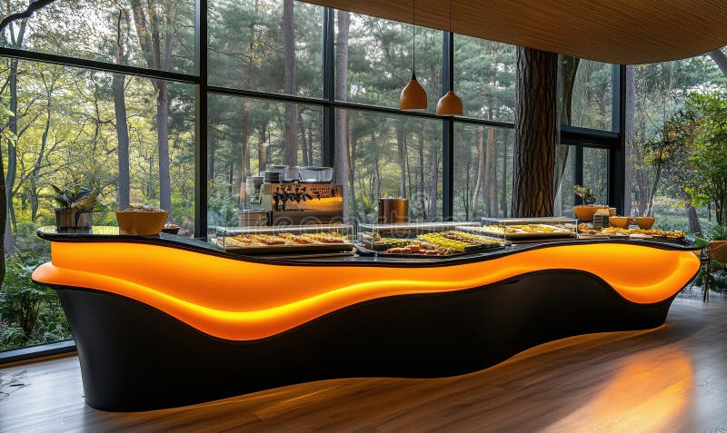 Modern buffet display with vibrant orange lighting in serene forest setting royalty free stock photos