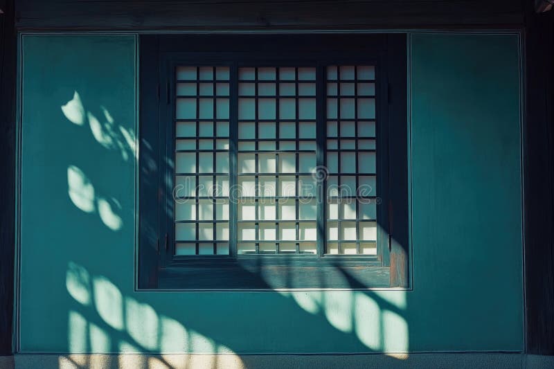 A modern building with a blue-painted wall and a window frame visible royalty free stock photos