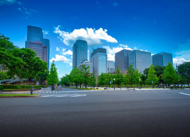 Modern Building on Blue Sky Background with Road in Tokyo, Japan Stock  Photo - Image of office, landscape: 183310742