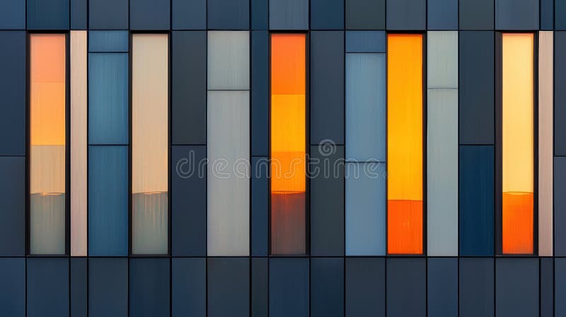 A modern building with dark blue exterior and grid of windows the image shows featuring like pattern rectangular are illuminated stock afbeeldingen