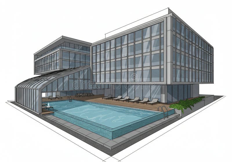 Modern building design featuring two interconnected glass structures with grid- vector illustration
