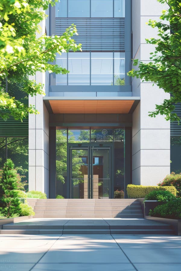 A modern building with a glass door and steps leading up to it stock image