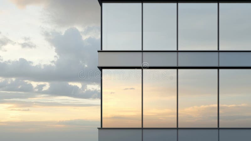 A modern building with glass facade reflecting the sky image shows that reflects and clouds is composed of multiple large panels royalty-vrije stock afbeelding