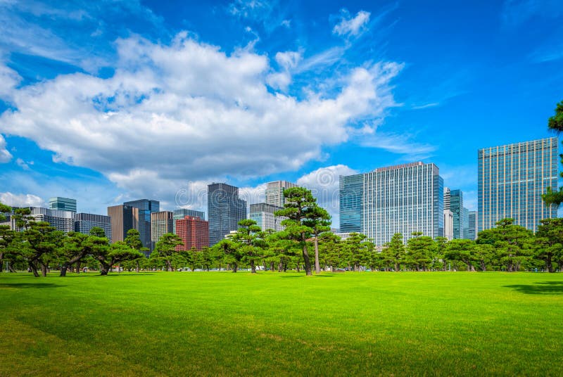 Modern Building with Green Zen Garden on Blue Sky Background in Stock Image  - Image of asian, office: 119803065