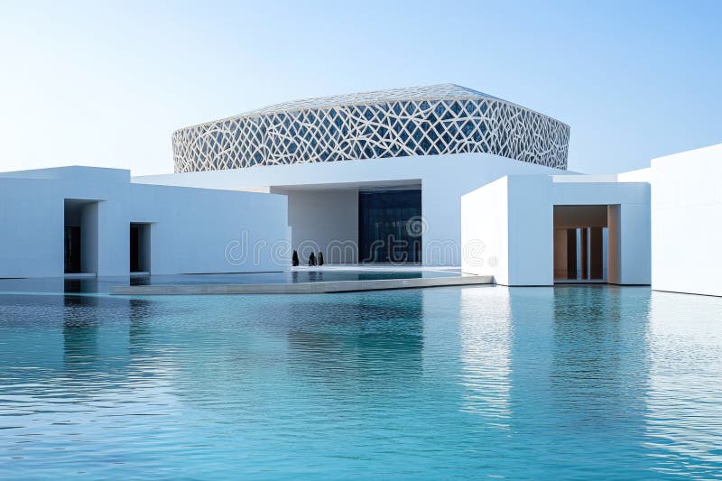 A modern building with an outdoor swimming pool and surrounding area royalty free stock photography