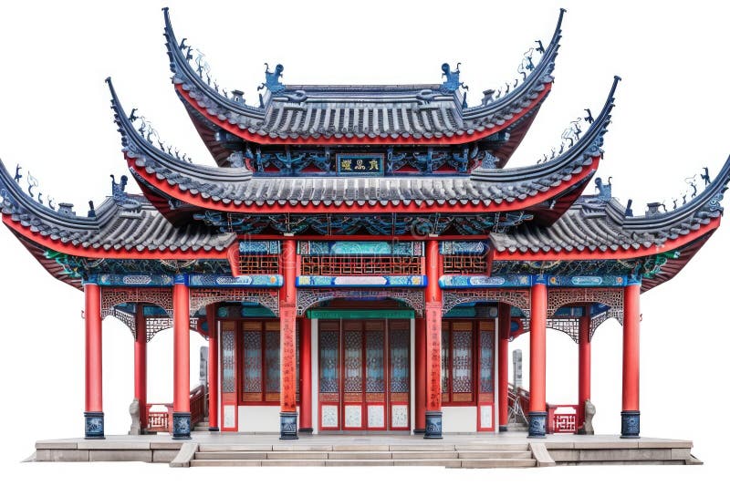 A modern building with a red roof and blue walls royalty free stock photo