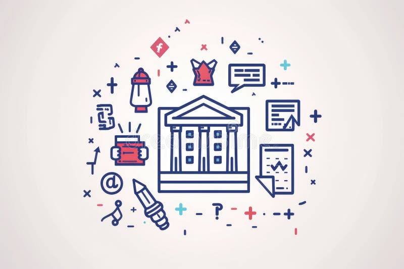 A modern building surrounded by various icons vector illustration