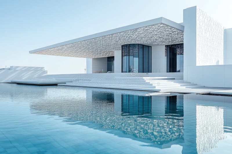A modern building with a swimming pool in the foreground stock photos