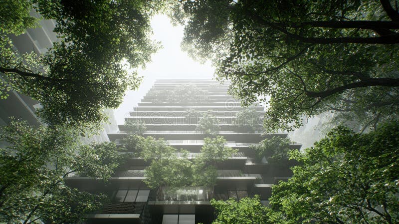 A modern building with unique design and lush green environment the image depicts tall featuring grid like pattern of balconies royalty-vrije stock afbeeldingen