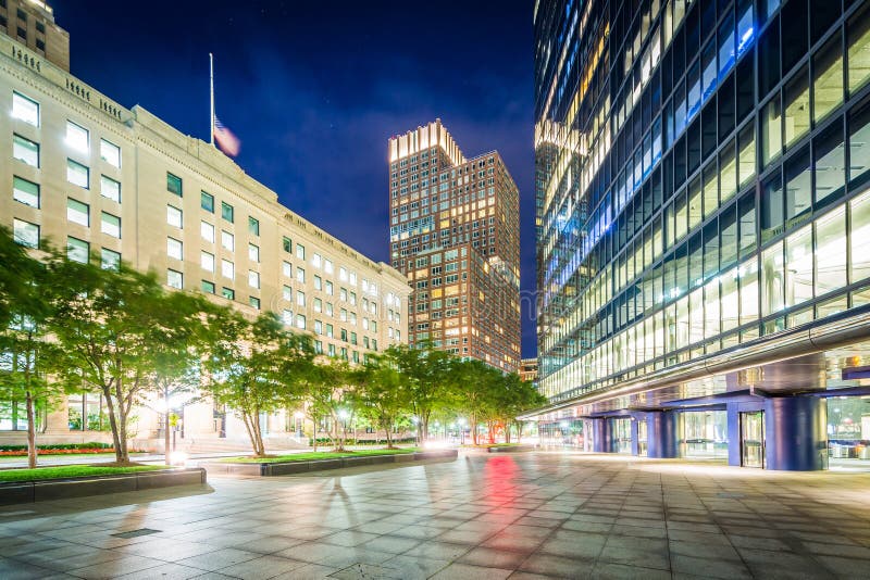 Modern Buildings at Night at Copley, in Back Bay, Boston, Massachusetts