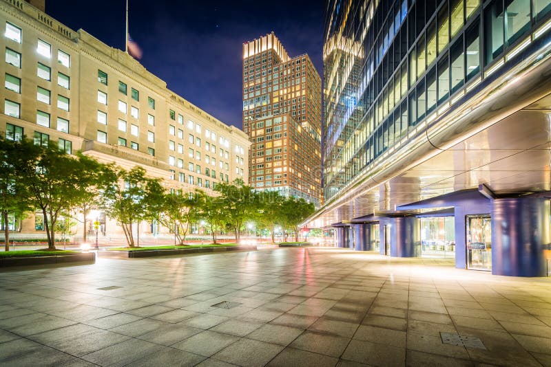 Modern Buildings at Night at Copley, in Back Bay, Boston, Massachusetts