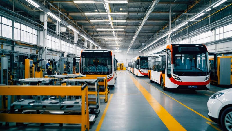 A modern bus manufacturing workshop with multiple electric buses on the production line. The industrial setting is well stock illustration