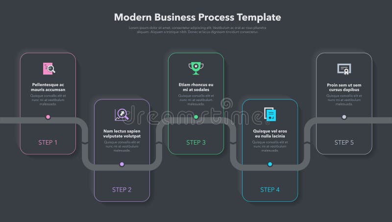 Modern business process template with 5 steps - dark version stock illustration