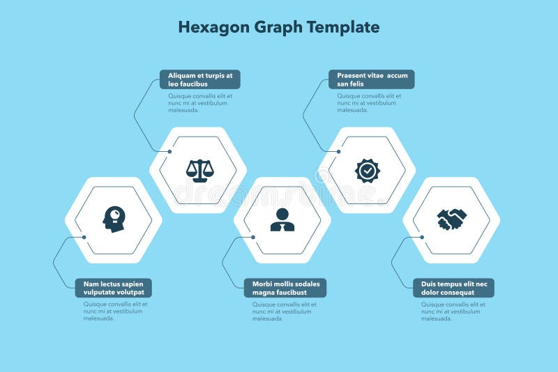 Modern business process template with five hexagon steps - blue version royalty free illustration