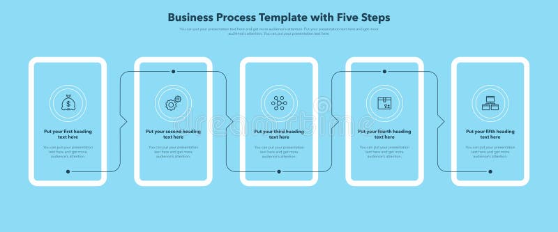 Modern business process template with five stages - blue version vector illustration