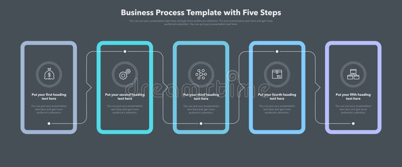 Modern business process template with five stages - dark version stock illustration