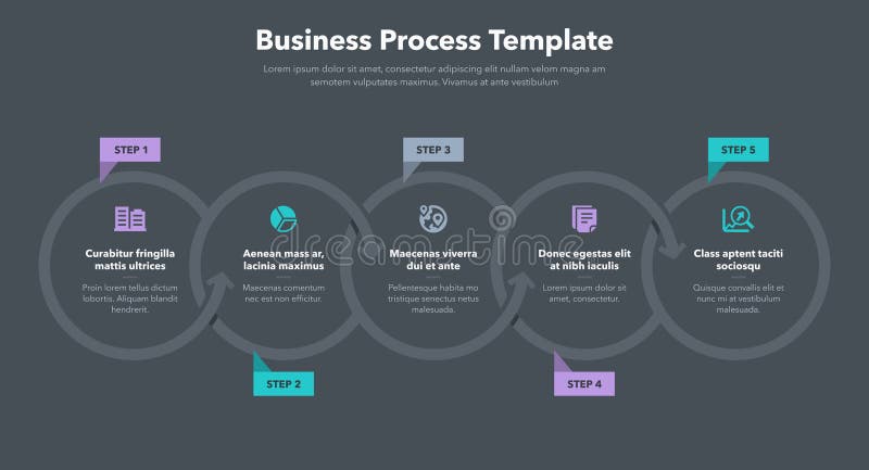 Modern business process template with five steps - dark version stock illustration