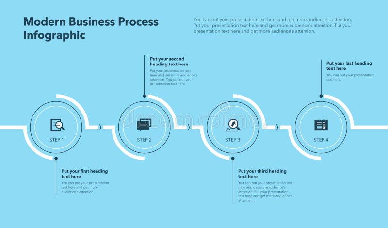 Modern business process template with four stages - blue version stock illustration