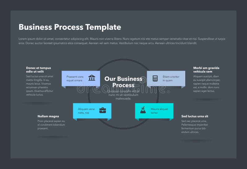 Modern business process template with 4 steps – dark version vector illustration