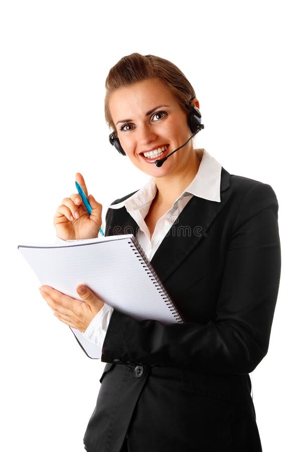 Modern business woman with headset and notebook