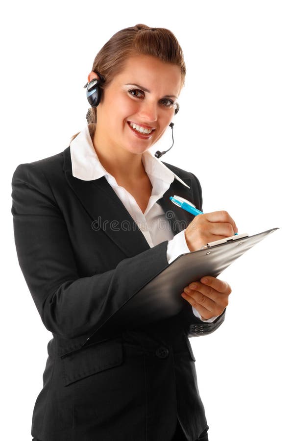 Modern business woman with headset and notebook