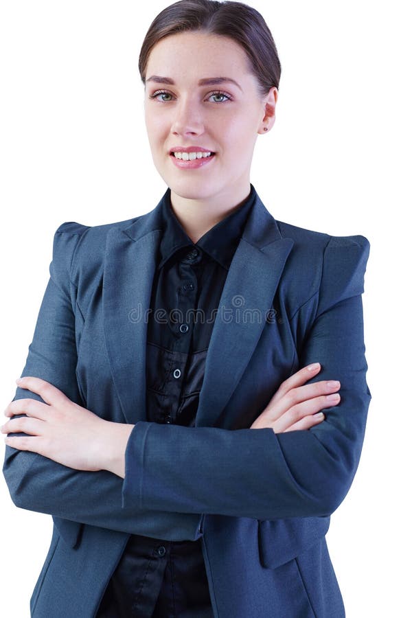 Modern business woman standing with crossed arms and looking straight to the camera isolated. stock photo Modern business woman standing with crossed arms and looking straight to the camera isolated. stock photo