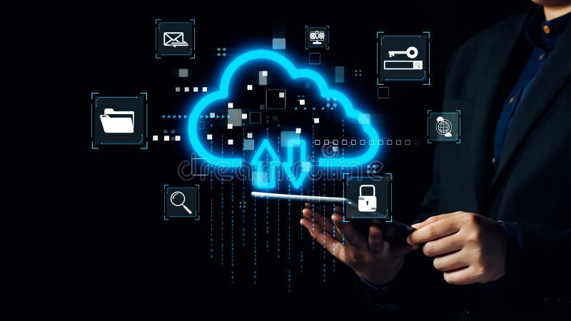 Modern Businessman Managing Digital Data Transfer with Smartphone and Cloud Technology for Secure Information Sharing stock illustration