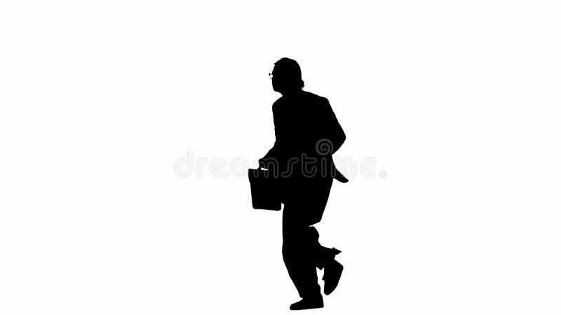 Business woman in formal outfit walking checking hand watch and starts running. Half-turn. Black silhouette on a white