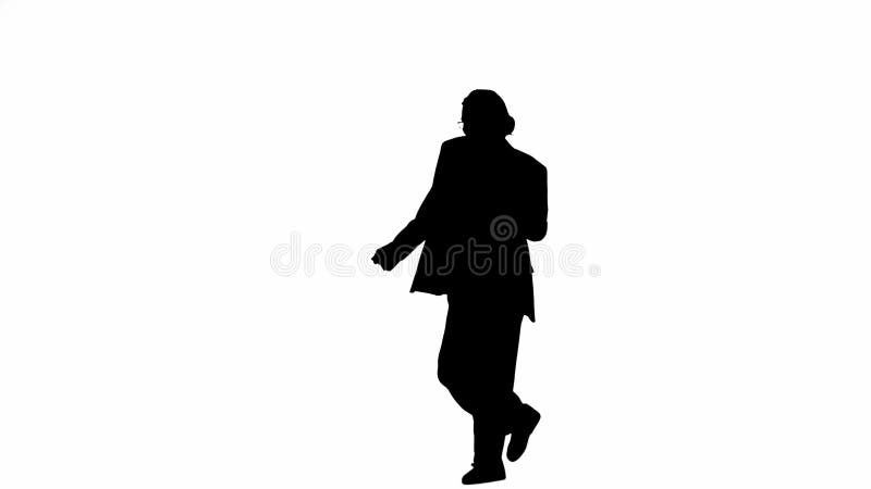 Business woman in formal outfit walking and dancing. Half-turn. Black silhouette on a white isolated background.