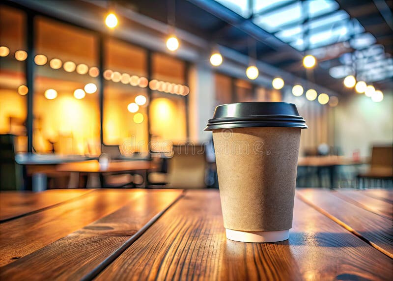 Modern Cafe Aesthetic A Stunning Aerial View of a Craft Paper Coffee Cup on a Wooden Table Perfect royalty free illustration