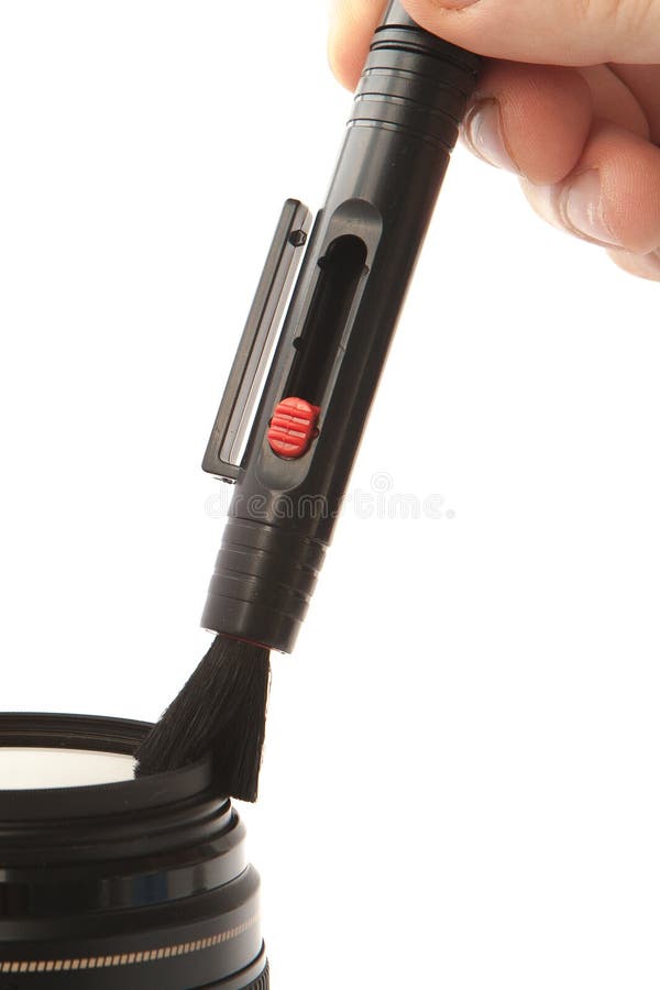 Modern Camera Lens Cleaning with Brush Close Up View Stock Image