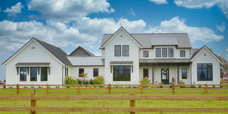 Modern Canadian Farmhouse Home Front Exterior Maison House Cumulus Sky Background