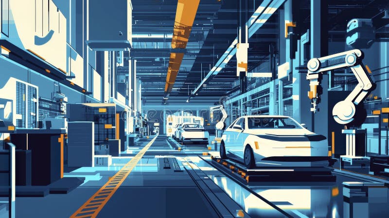 Modern car assembly line with automated robotic arms stock illustration