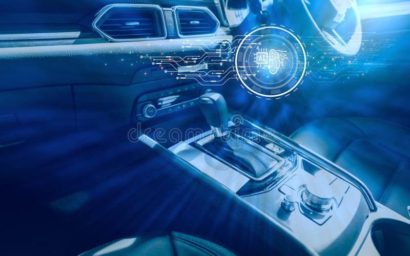 Modern car interior. Autonomous driving technology with AI brain control system and driverless vehicle concept. Smart automotive